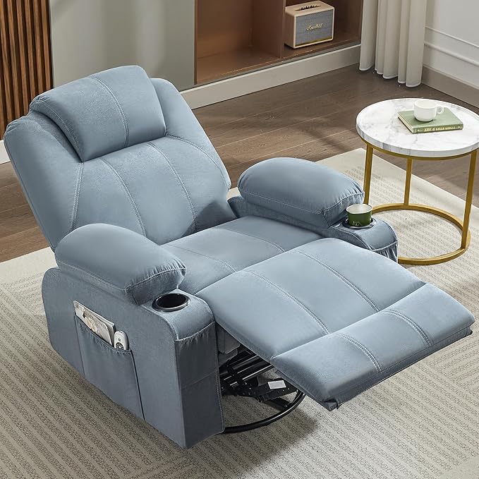 Oversized Swivel Rocker Recliner Chair with Heat and Massage, Large Big Recliner Chair for Living Room, 360 Degree Swivel Rocking Single Sofa with Cup Holders and USB Port(Fabric, Blue)