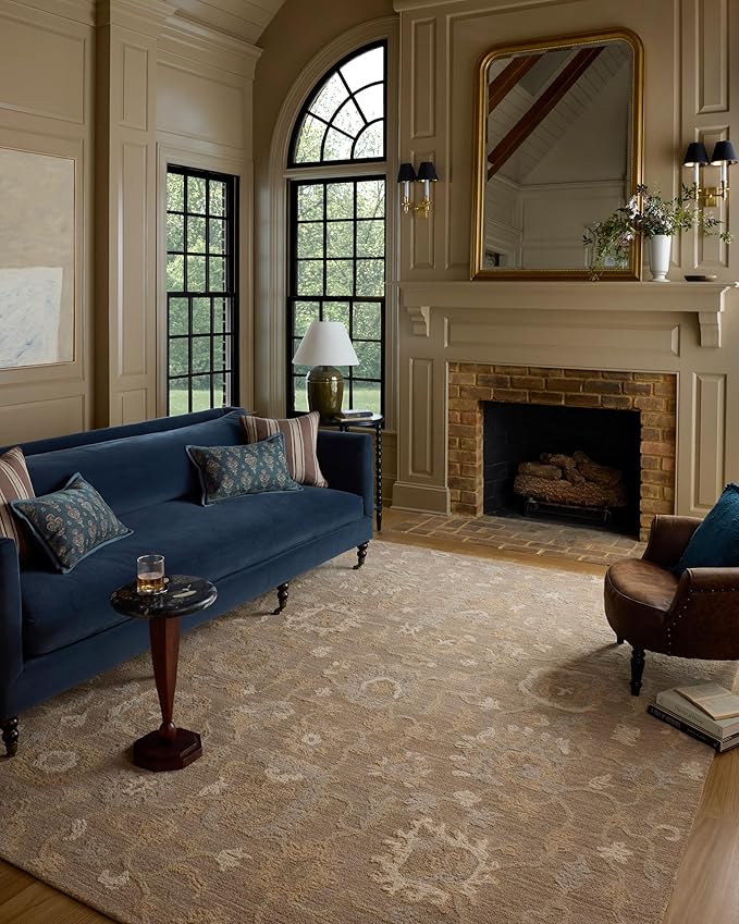 Loloi Chris Loves Julia Dorothea Collection DRT-01 Bark/Stone 3'-6" x 5'-6" Accent Rug Wool Neutral Floral Living Room Bedroom Carpet