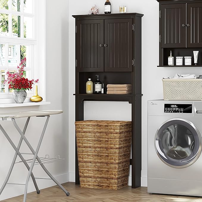 UTEX Bathroom Storage Over The Toilet, Above Toilet Storage Cabinet Organizer with Adjustable Shelves and Double Doors, Espresso
