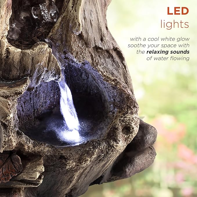 Alpine Corporation WIN326 Indoor Tabletop Light-Up Tiered Rainforest Tree Trunk Water Fountain with LED Lights, 11", Brown
