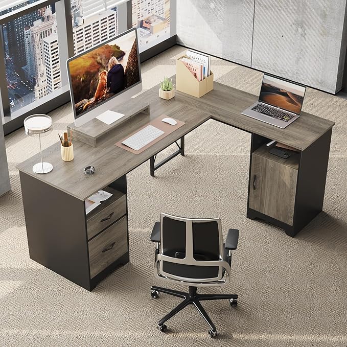 Bestier L Shaped Desk with File Drawers, 63" x 47" Office Computer Desk with Storage Cabinet, Corner Desk with Monitor Stand & Modesty Panel for Home Office, Gray
