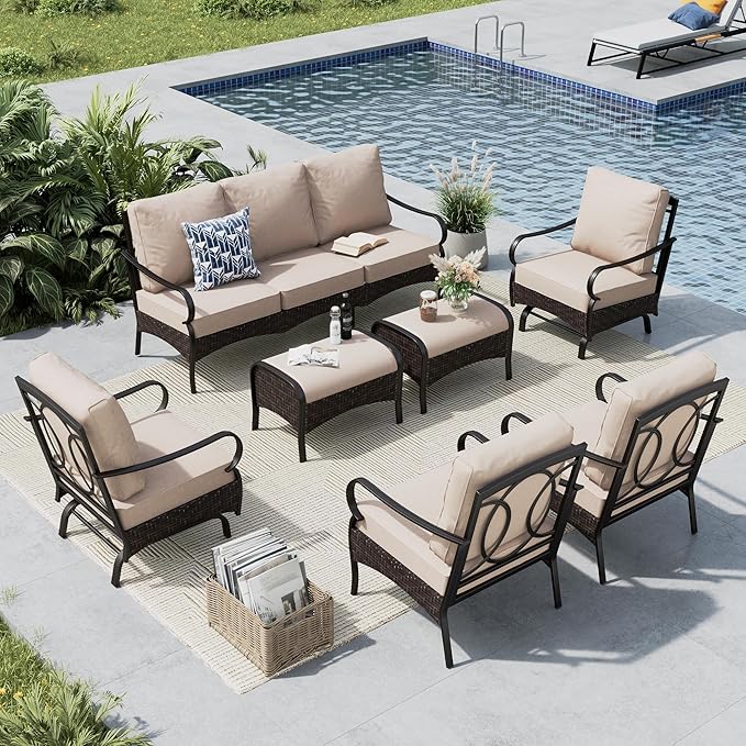 MFSTUDIO 7 PCS Outdoor Patio Furniture Set, Metal Outdoor Conversation Set, Rattan Wicker Patio Sectional with 2 x Fixed and Rocking Single Sofa, 3-Seat Sofa, 2 x Ottoman, Beige