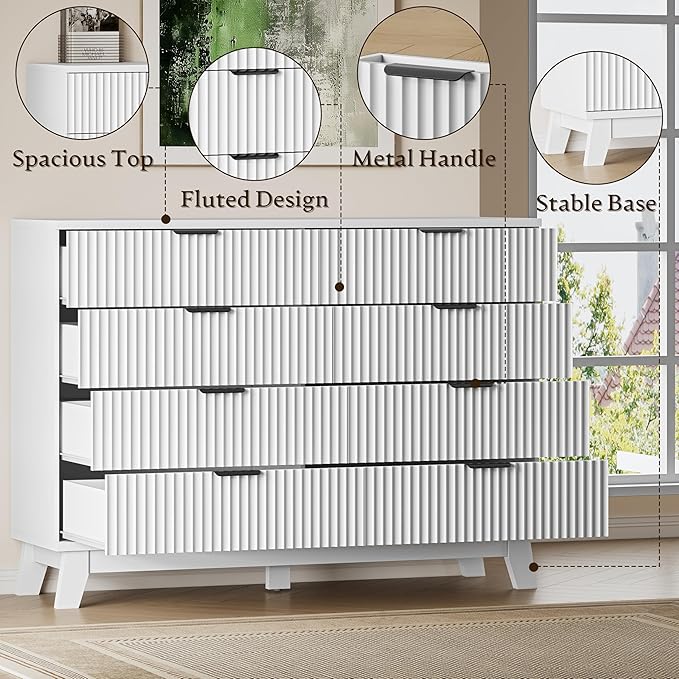 53" Tall Dresser for Bedroom, 8-Drawer Fluted Chest of Drawers, Modern Wood Highboy with Metal Slides and Handles, Anti-Tip Kit, Vertical Clothes Storage Organizer for Apartment, Closet