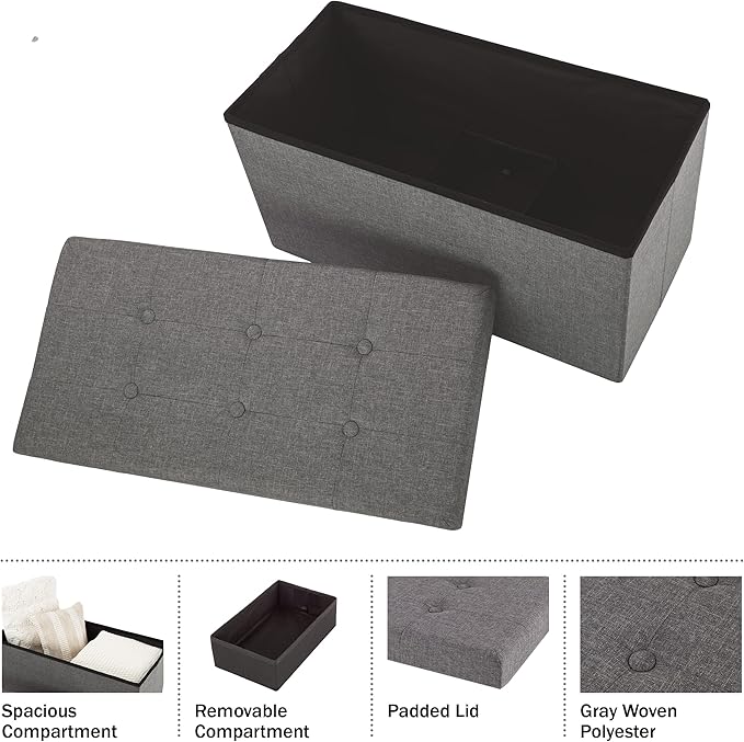 Storage Ottoman - 30-Inch Folding Tufted Footrest, Linen Chest, or Bench with Removable Bin for Living Room, Bedroom, or Dorm by Lavish Home (Gray)