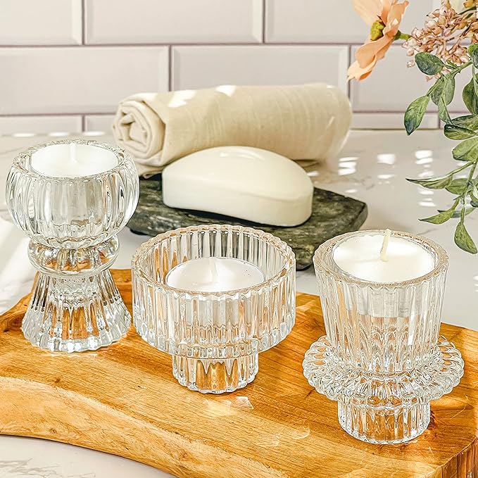 Kate Aspen Vintage Ribbed Glass Black Candlestick Holders, Pillar Candle, Tealight & Votive Candle Holders (Set of 6, 3 Assorted Sizes), Dining Table Decor, Shelf Decor, Centerpiece
