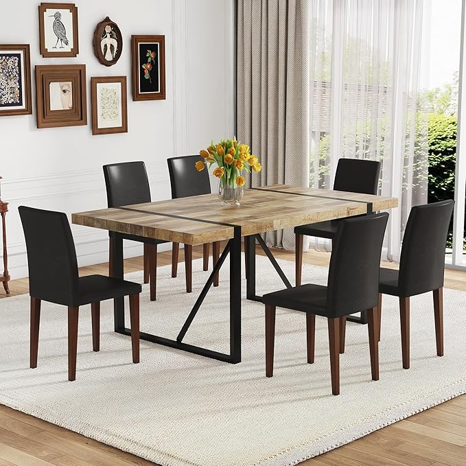 Dining Table Set for 6,Dinner Table Set for 6,71'' Kitchen Table and PU Leather Chairs Set of 6,6 Chair Dining Table Set for Kitchen Dining Room