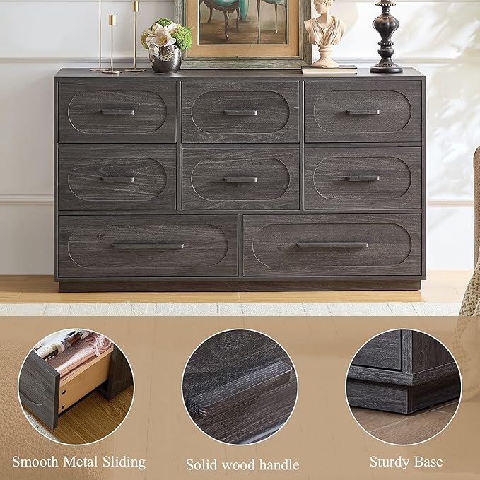 Modern 8 Drawer Dresser for Bedroom, 54" Wide Dressers & Chest of Drawers w/Solid Wood Handle, Wood Mid Century Closet Organizers and Storage Cabinet for Bedroom, Living Room, Hallway, Gray