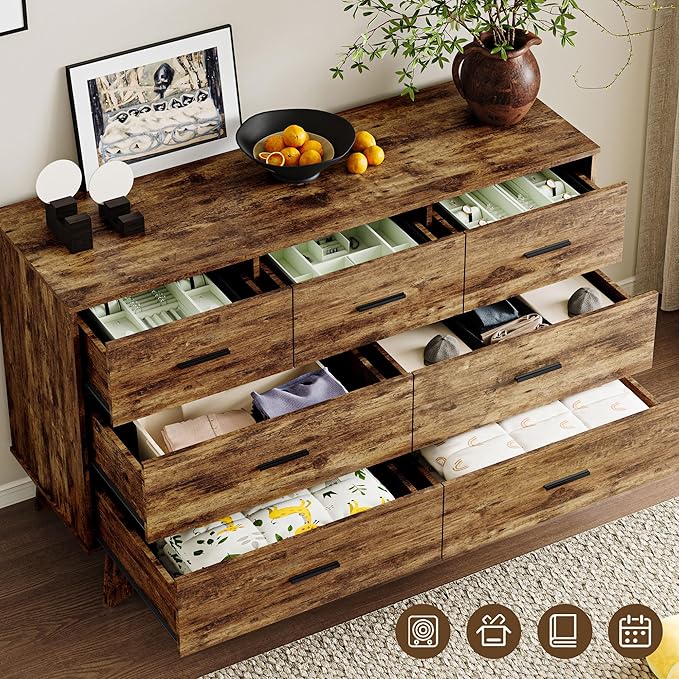 Dresser for Bedroom with 7-Drawer, 47.2" Wide Modern Chest of Drawers with Metal Handles, X-Shape Base & Adjustable Center Leg, Anti-Tip Closet Organizers and Storage