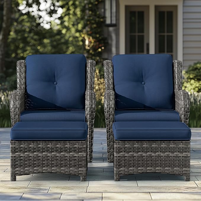 4 Pieces Patio Conversation Set, Wicker Chairs Set of 2 and Two Ottomans with 3.5-inch Seat Cushions, High Back and Curved Armrest for Backyard, Balcony and Deck, Blue