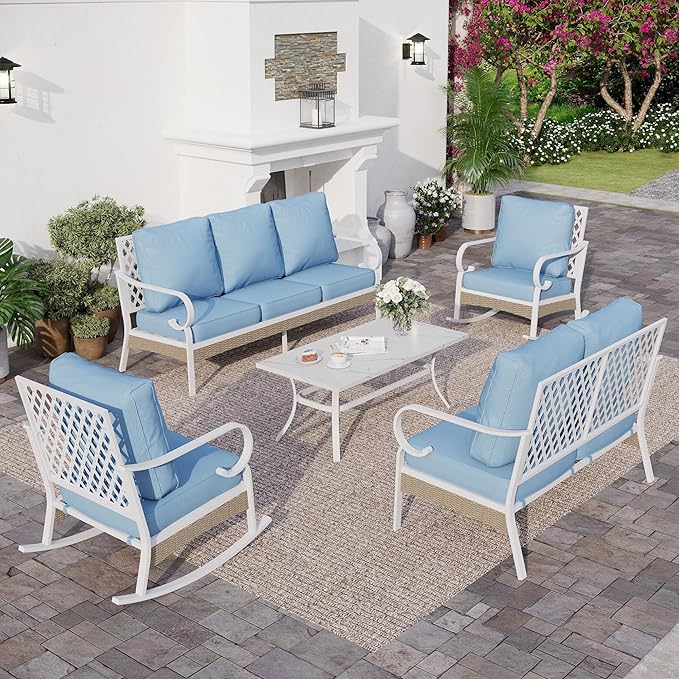 6 Piece Metal Outdoor Patio Furniture Set, Patio Conversations Set 3-Seater Sofa, 2-Seater Sofa, 2 Rocking Chair with 5.75" Thick Cushion & Coffee Table White Backyard Furniture, Blue