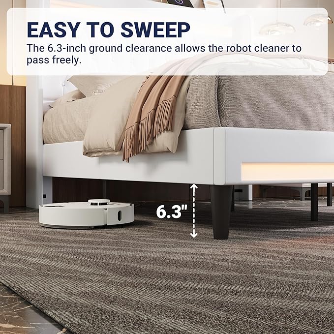 Allewie Upholstered Queen Size Platform Bed Frame with LED Light and Charging Station, Button Tufted High Headboard, Wingback Design, Noise Free, Easy Assembly, No Box Spring Needed, White