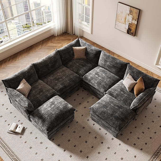 KKL 120" Modular Sectional Sofa, Large V Shape 7 Seater Convertible J/L/U-Shaped Modern Sectional Couch with Ottoman, Chenille Sectional Couches for Living Room, Apartment, Grey