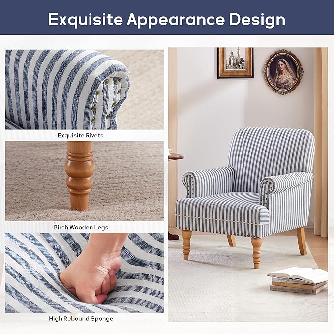 HUIMO Linen Fabric Accent Chairs Set of 2, Mid-Century Modern Armchair with Solid Wood Legs, Single Sofa Chair,Upholstered Reading Club Chair (2, Dark Blue and White Stripe)