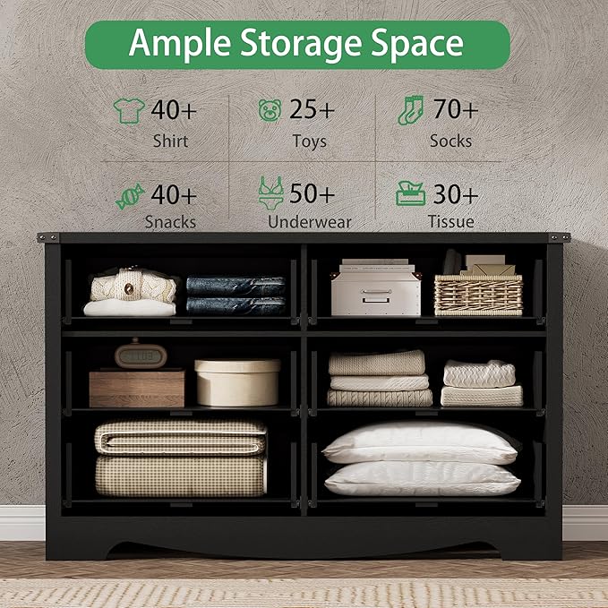 Dresser for Bedroom with 6 Drawers, 48" Wide Wood Chest of Drawers with Deep Drawers & Mental Handle, Modern Dresser TV Stand, Wooden Closet Storage Organizer for Living Room, Hallway, Entryway, Black