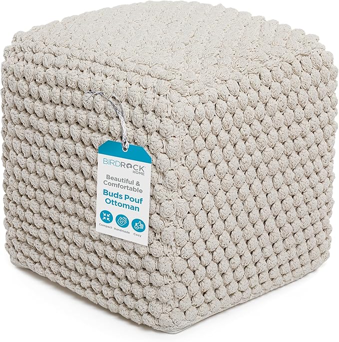 BIRDROCK HOME Bud Pouf Foot Stool Ottoman - Knit Bean Bag Floor Chair - Cotton Braided Cord - Great for The Living Room, Bedroom and Kids Room - Small Furniture