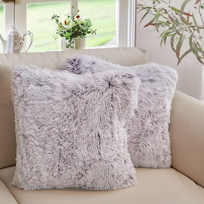 Cheer Collection Throw Pillows for Couch and Bed, Soft Shaggy Throw Pillows with Inserts Included, Cozy Long Hair Faux Fur Pillows - Set of 2-18" x 18" - Purple