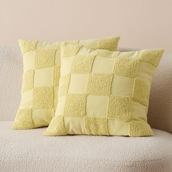 Double Stitch Checkered Throw Pillow Covers - 100% Cotton Set of 2 Tufted Boho Decorative Pillow Covers 20x20, Made in India, Square Cushion Case, Modern Home Decor for Couch, Sofa, Lemon Yellow