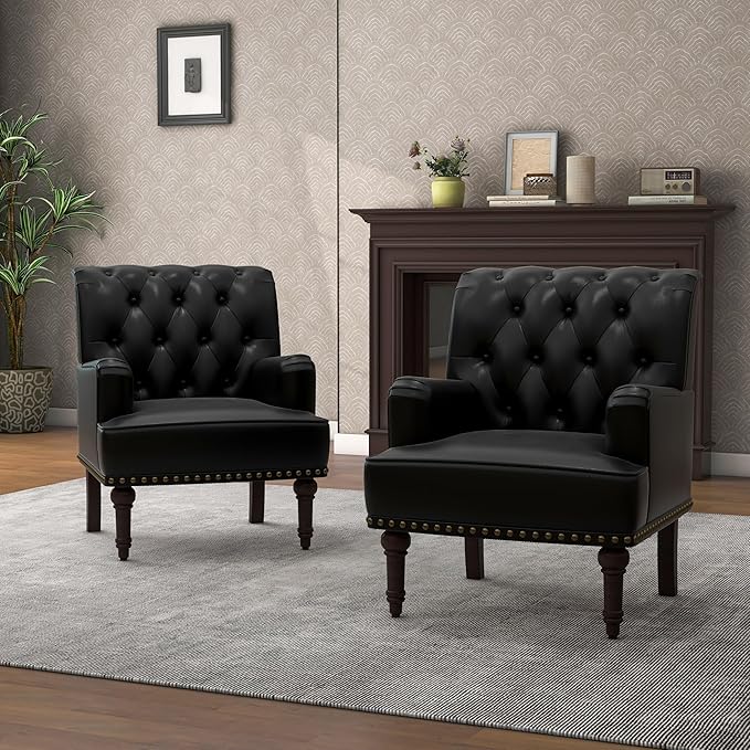 Pia Ricco PU Leather Accent Chair: Modern Nailhead Trim Armchair with Wooden Legs - Upholstered Reading Seat for Office, Living Room, Bedroom-Black