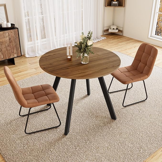 34.6'' Dining Table and Chairs for 2, Mid Century Modern Round Table Set, Space Saving for Apartment Kitchen Dining Room (Walnut Table+2 U-Shaped Brown Chairs)