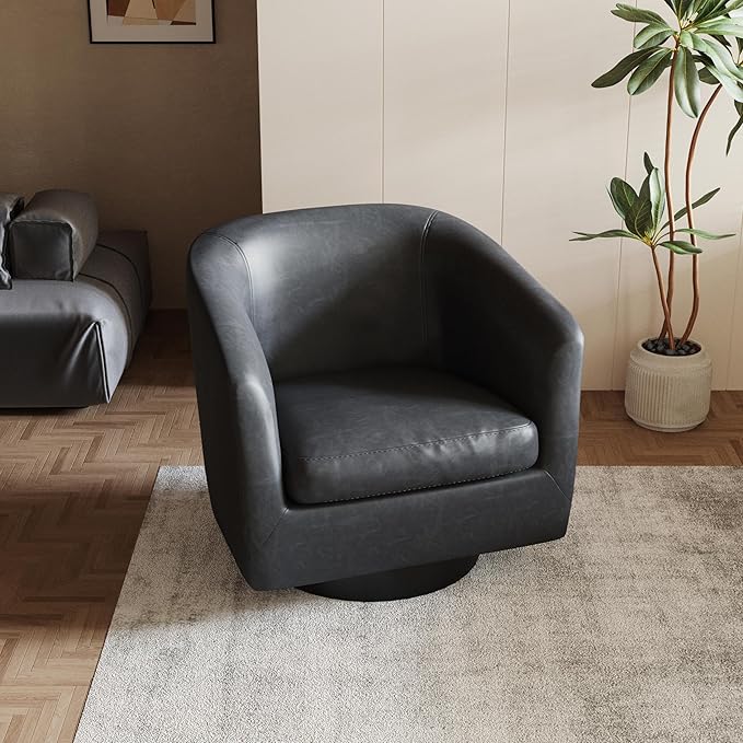 Lumibee Swivel Accent Chair, Faux Leather Swivel Barrel Chair for Living Room, Modern Comfy Upholstered Round Armchair Single Sofa Chair for Bedroom, Club-Black