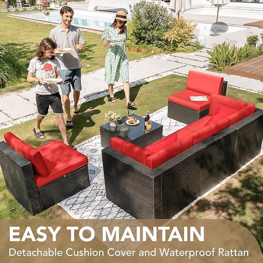 Devoko Patio Furniture Sets 6 Pieces Outdoor Sectional Rattan Sofa Manual Weaving Wicker Patio Conversation Set with Glass Table and Cushion (Red)