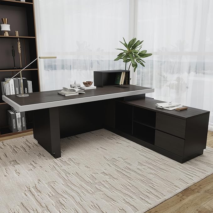 SAINTCY 78" Executive Desk with Drawers - L Shaped Desk with File Cabinet, Black Executive Office Desks with LED Light, Home Office Desk,2.6" Thickened Desktop