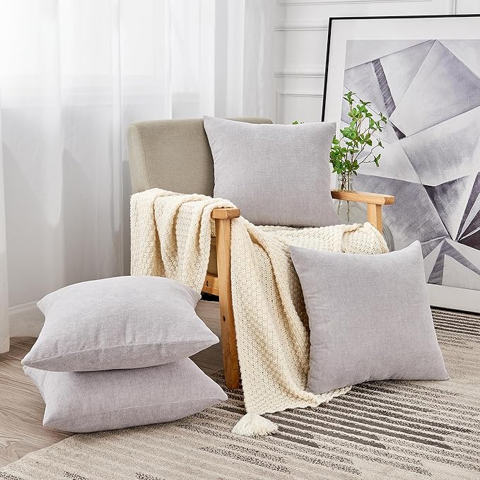 GAWAMAY Decorative Square Throw Pillow Covers 18"x18" Inch Set of 4, Super Soft Chenille Pillows Farmhouse Fall Pillowcase for Living Room Bedroom Sofa Couch Cushion Cover Light Grey 45x45cm