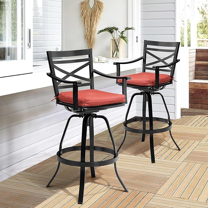 Pellebant 30" Sunbrella Outdoor Bar Stools Set of 2, Aluminum Swivel Patio Bar Height Bar Stools with Back & Footrest, for Deck Lawn Garden(Red)