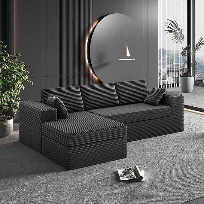 108-inch Boneless Couch for Living Room,Comfy Boneless Sofa with Deep Seats & Chaise Lounge, 3-Seat Modular Sofa Memory Foam Sectional Couches - No Assembly Required(Dark Grey)