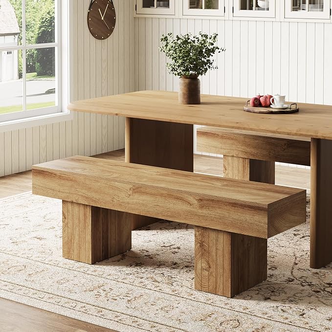 Tribesigns 55" Dining Bench, Farmhouse Wooden Entryway Bench, End of Bed Bench, Indoor Bench for Bedroom, Dining Room, Kitchen, Hallway, Light Brown