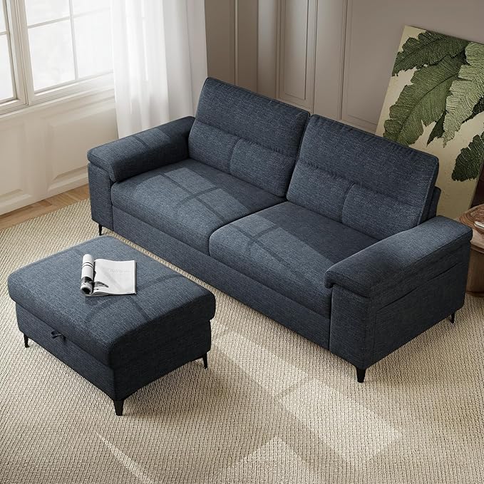 88.97" L Shaped Sectional Couches for Living Room, Deep Seat Sofa with Big Storage Ottoman & 8”Cushion, Comfy 2-Seater Chenille Loveseat, Convertible Armrest, Removable Cover for Small Space(Blue)
