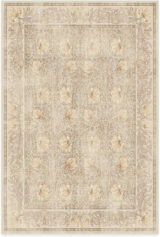 RUGGABLE x Morris & Co Washable Area Rug – Pimpernel Vintage Stone 6x9, Stain-Resistant, Non-Slip – Medium Machine Washable Rugs for Living Room, Bedroom, Hallway, Entryway & Office–with Standard Pad