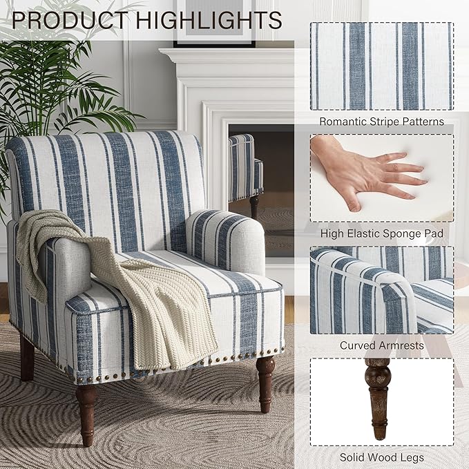 UIXE Stripe Accent Chair Arm Chair, Modern Nailhead Trim Club Armchair with Wood Legs, Comfy Living Room Single Sofa Reading Seat Bedroom Side Seating for Home Office, Dark Blue