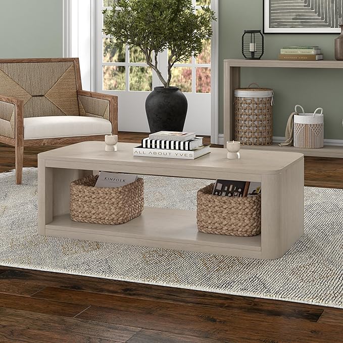 Henn&Hart 47" Rectangular Low-Profile Coffee Table with Open Storage Shelf for Living Room, Family Room, or Office, Alder White