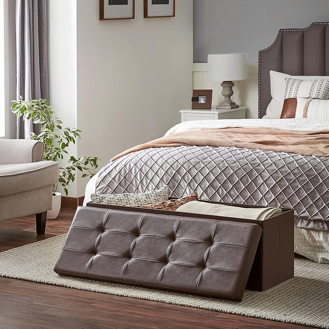 SONGMICS MAZIE Collection - 43 Inches Storage Ottoman Bench with Flipping Lid, Storage Chest with Iron Frame Support, Load 660 lb, for Living Room, Bedroom, Synthetic Leather, Brown ULSF75BR