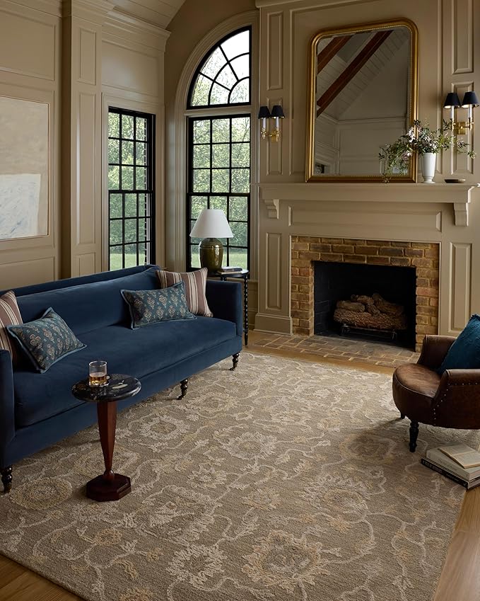 Loloi Chris Loves Julia Dorothea Collection DRT-01 Oak/Natural 11'-6" x 15' Area Rug Wool Neutral Floral Living Room Bedroom Carpet