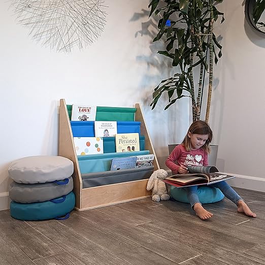 FDP Birch SoftScape Sling Book Display, 4-Shelf Vinyl Storage for Kid's Books and Magazines, Children's Furniture for Bedroom, Playroom, Daycare, Preschool or Classroom - Contemporary, 13745-CT