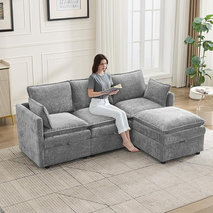 80"Cloud Modular 3 Seater Sofa with Storage Ottoman, Modern Upholstered Storage Sofa Couch Deep Seat, L Shape Sectional Sofa Chenille Comfy Couch with Armrests for Living Room, Small Space, Light Grey