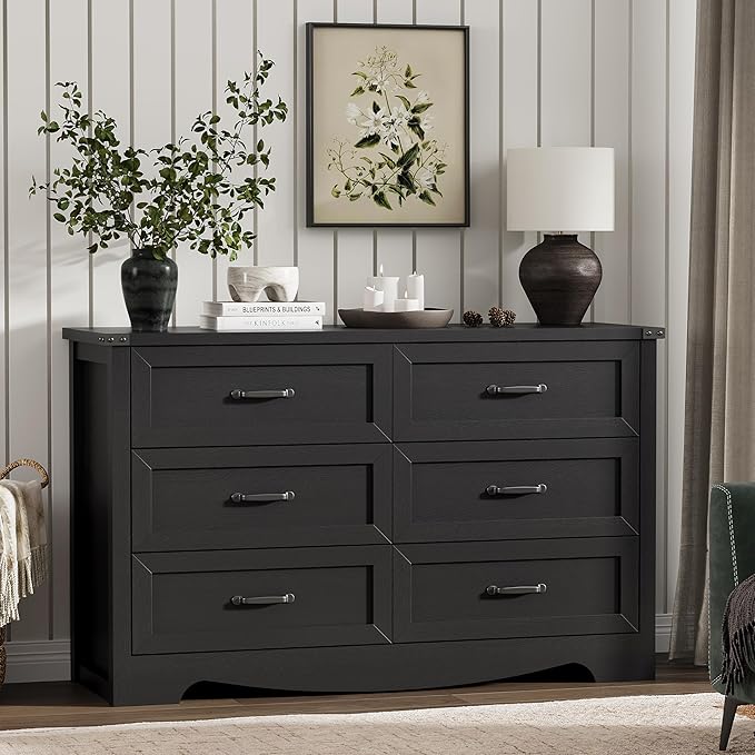Dresser for Bedroom with 6 Drawers, 48" Wide Wood Chest of Drawers with Deep Drawers & Mental Handle, Modern Dresser TV Stand, Wooden Closet Storage Organizer for Living Room, Hallway, Entryway, Black