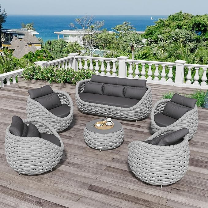 Aluminum Outdoor Couch Set: 6 Pieces Woven Rope Patio Conversation Set - Metal Modern Porch Furniture Sofa Set - All Weather Assembled Deck Seating for Courtyard Backyard Rooftop Hotel Resort