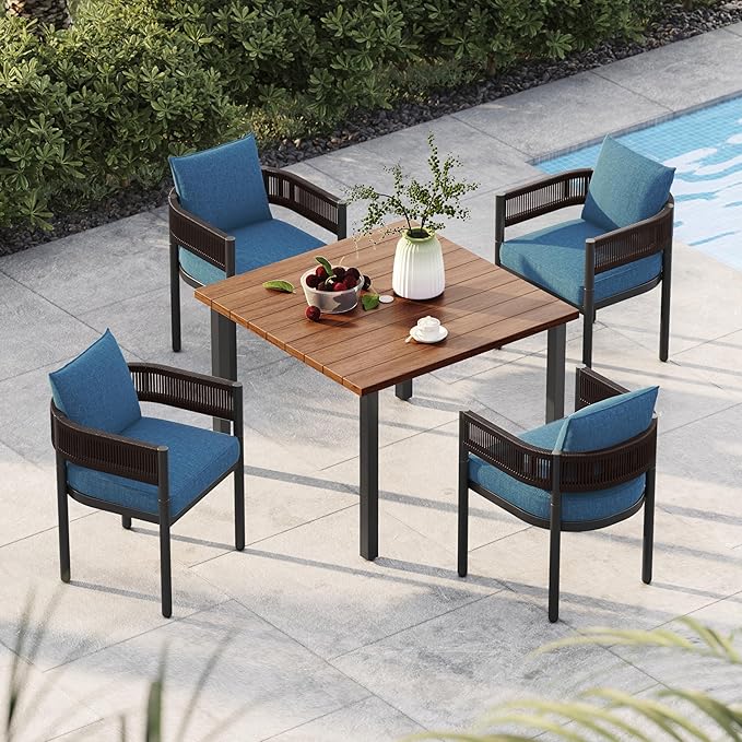 Grand patio 5-Piece Outdoor Dining Set for 4, Metal Woven Wicker Fixed Patio Chairs with Thickened Cushions & 1 Square Woodgrain Dining Table with Umbrella Hole for Backyard Deck (Brown)