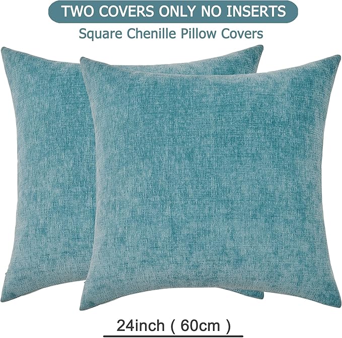 GAWAMAY Decorative Chenille Throw Pillow Covers 24x24 Inch Pack of 2, Soft Square Couch Pillow Cover for Sofa Cushion Living Room Bedroom Solid Dyed Pillowcases Smoke Blue 60x60cm (ONLY Covers)