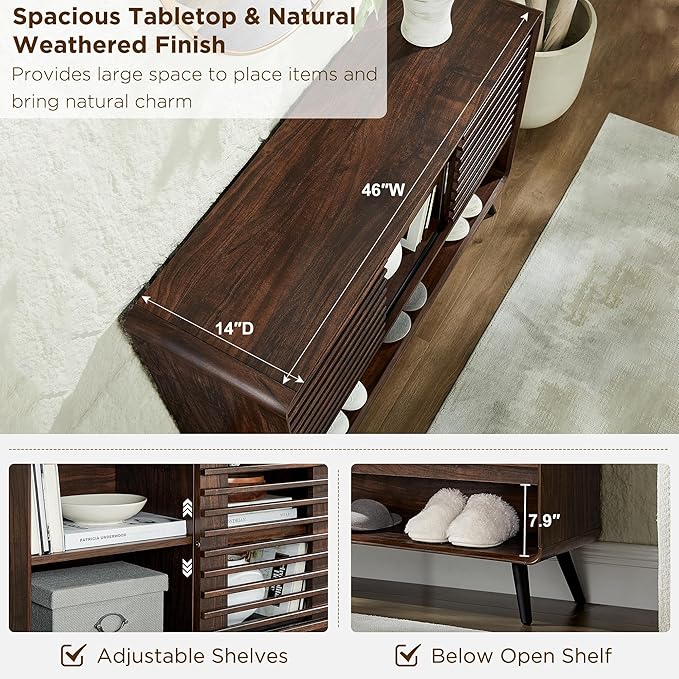 RedLemon 46" Entryway Table with Slatted Sliding Door, Mid Century Modern Console Table w/Adjustable Storage Shelf, Wood Sofa Table Behind Couch for Hallway, Living Room, Foyer, Dark Walnut