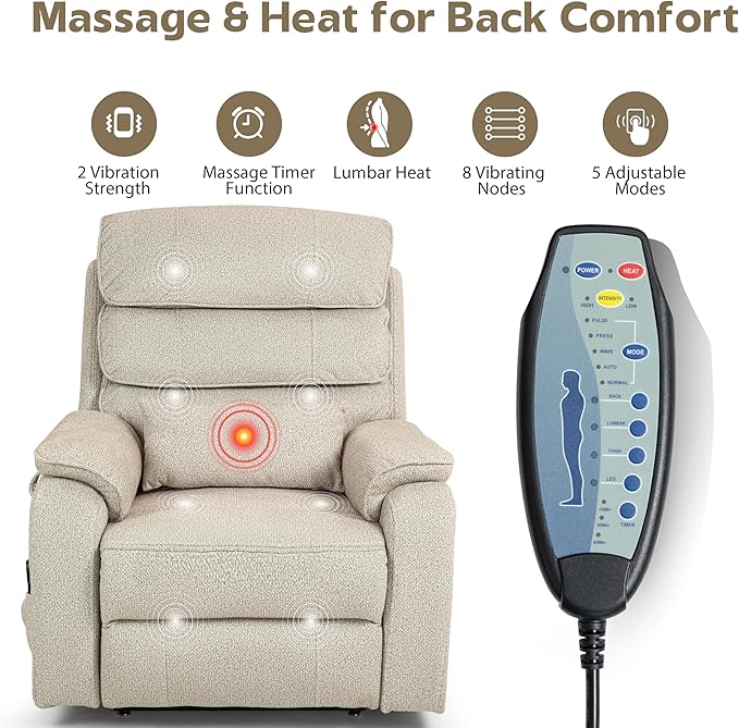 Power Lift Recliners Chairs for Elderly Adults Lay Flat Recliner with Heat & Massage, Wireless Charging Device, USB Ports, Cup Holder, Lumbar Pillow, 400Lbs(Grainy Fibric,Oatmeal)