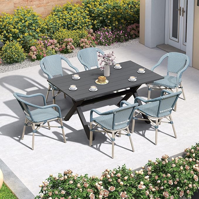 PURPLE LEAF 7 Pieces Outdoor Dining Set Patio Furniture Set with Large Aluminum Table and French Wicker Chairs for Garden Backyard Light Blue Patio Dining Set