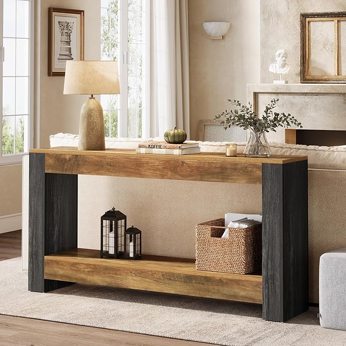 Tribesigns 63-Inch Long Console Table for Entryway, Farmhouse Wood Sofa Table Behind Couch for Living Room, Hallway, Entrance, Foyer, Rustic Brown & Black