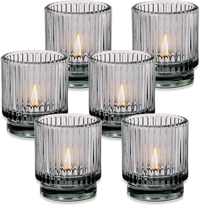Kate Aspen Ribbed Glass Candle Holder Set - 6 Smoke Gray Tealight Holders for Home, Kitchen, Room or Living Room Decor - Vintage Tea Light Votive Accent for Table or Shelf Styling (Pack of 6)