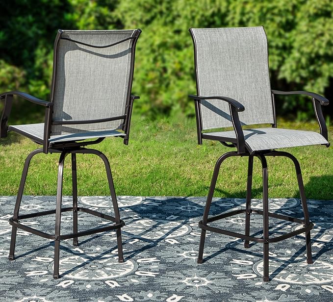 PHI VILLA Outdoor Swivel Patio Bar Stools Set of 2, 30 Inch Bar Height Tall Patio Chairs with Back & Armrest, Durable Textilene Fabric in Grey for Deck Lawn Garden