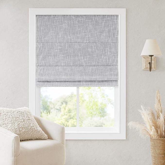 Madison Park Cordless Roman Shades, Total Blackout Window Blind Privacy Window Shades, Thermal Insulated Cordless Window Treatment for Bedroom, Living Room, Quincy, Single Panel 31"W x 64"H Light Grey