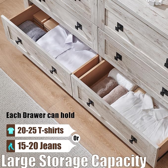 T4TREAM Farmhouse 6 Drawers Dresser for Bedroom, Wood Rustic Wide Chest of Drawers, Storage Dressers Organizer for Bedroom, Living Room, Hallway, Antique Brush White